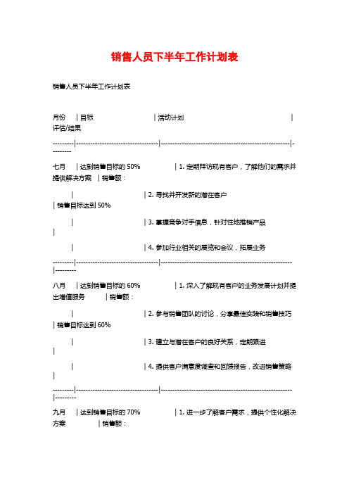 销售人员下半年工作计划表