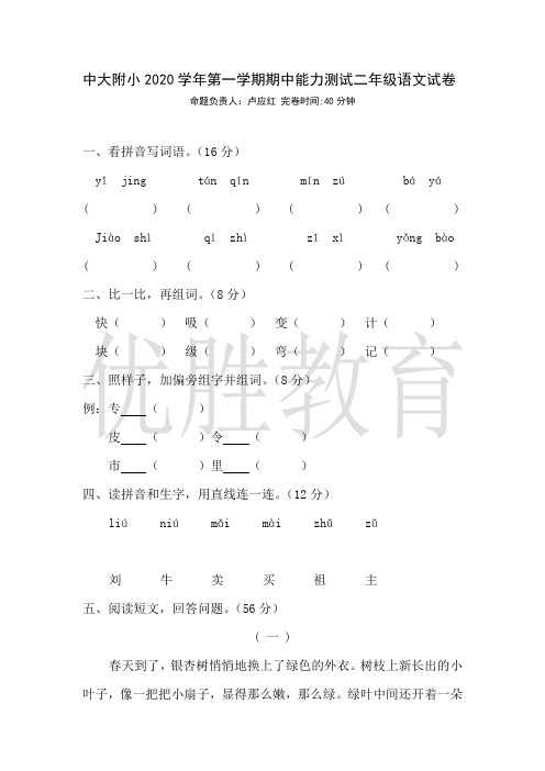 2020年中大附小二(上)期中考试卷(刘彩霞)