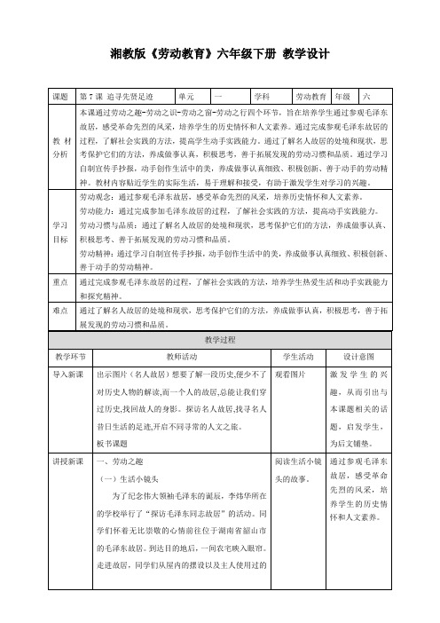 湘教版劳动教育六年级下册   第7课 追寻先贤足迹 (教案)