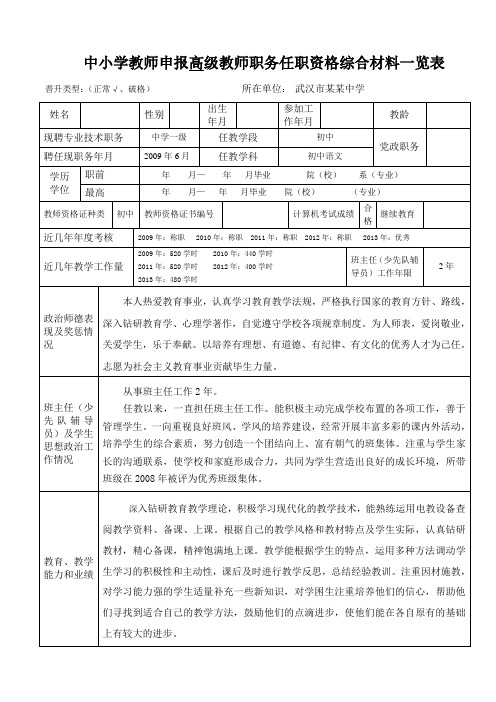 中小学教师申报高级教师职务任职资格综合材料一览表