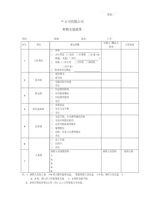 公司财物交接清单