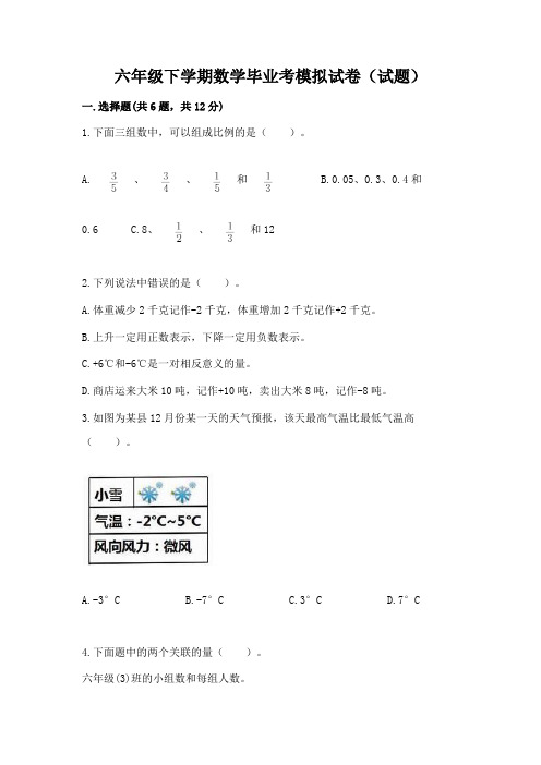 六年级下学期数学毕业考模拟试卷(试题)及参考答案(新)