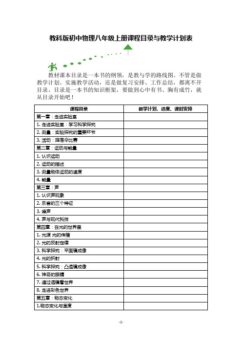 教科版初中物理八年级上册课程目录与教学计划表