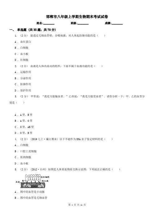 邯郸市八年级上学期生物期末考试试卷