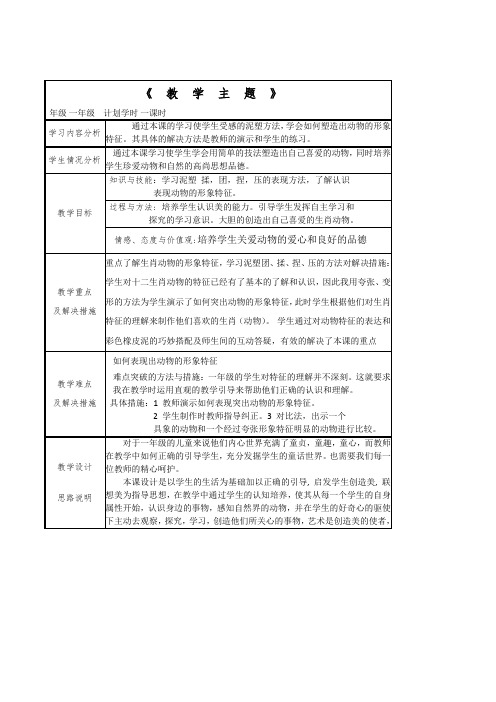 小学美术一年级《生肖动物大聚会》表格式教案设计