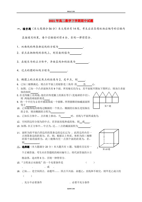 2021年高二数学下学期期中试题