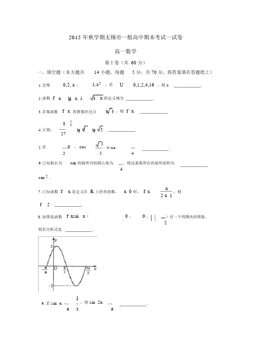 完整word版,江苏省无锡市20152016学年高一上学期期末考试数学试卷含,文档