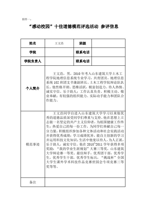 “感动校园”十佳道德模范评选活动 参评信息表