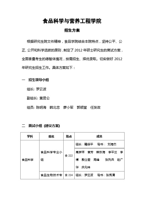 2012年中农食品科学与营养工程学院研究生复试方案