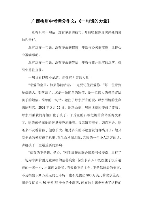 广西柳州中考满分作文:《一句话的力量》.doc