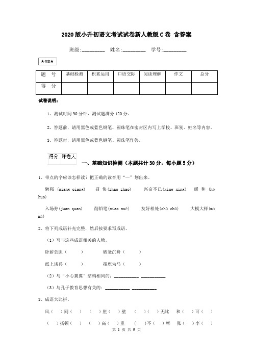 2020版小升初语文考试试卷新人教版C卷 含答案