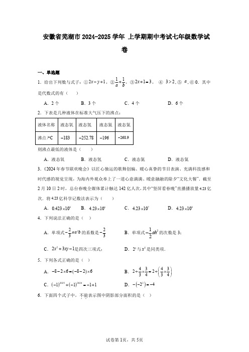 安徽省芜湖市2024-2025学年上学期期中考试七年级数学试卷