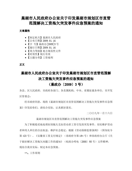 巢湖市人民政府办公室关于印发巢湖市规划区市直管范围解决工资拖欠突发事件应急预案的通知