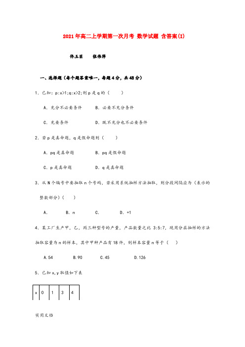 2021-2022年高二上学期第一次月考 数学试题 含答案(I)