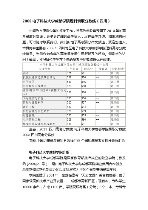 2008电子科技大学成都学院理科录取分数线（四川）