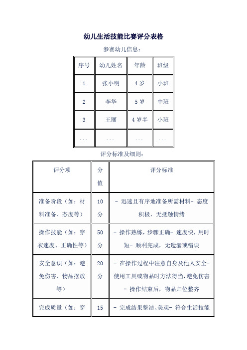 幼儿生活技能比赛评分表格