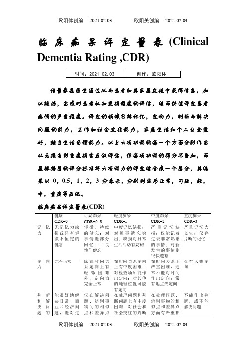 临床痴呆评定量表(CDR)之欧阳体创编