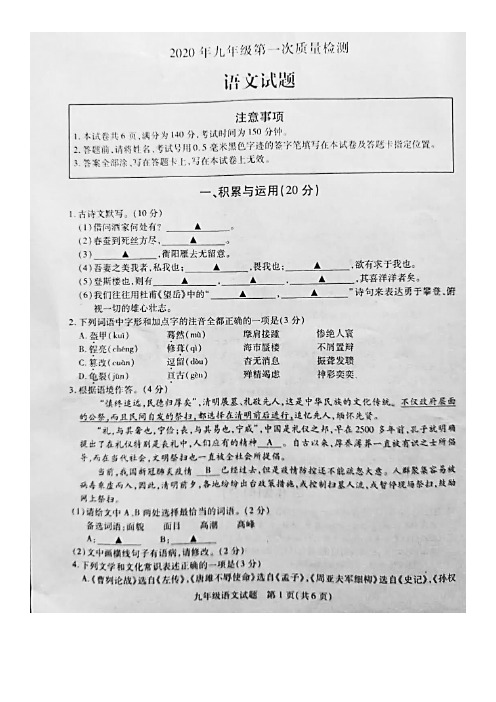江苏省徐州市2019-2020学年九年级下学期第一次质量检测语文试卷及答案