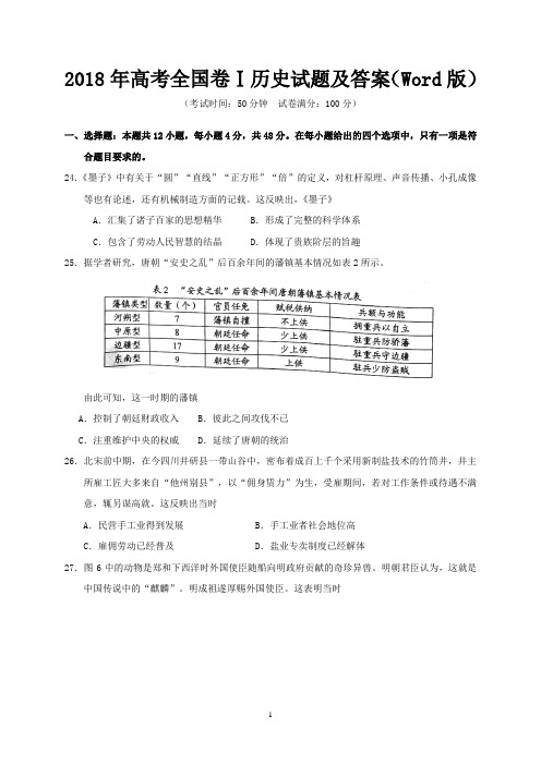 2018年高考全国卷Ⅰ历史试题及答案(Word版)