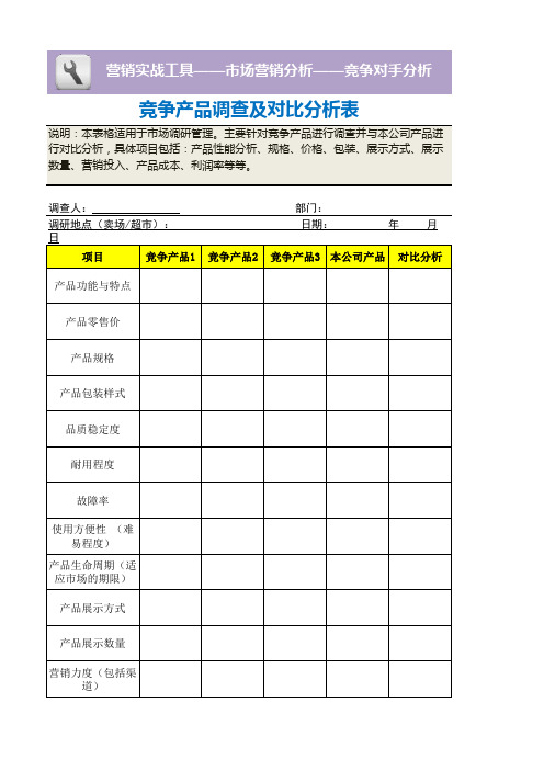 Excel表格通用模板：竞争产品调查及对比分析表