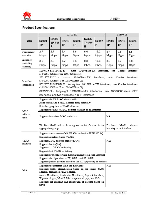 华为Quidway S2300系列交换机产品规格说明书