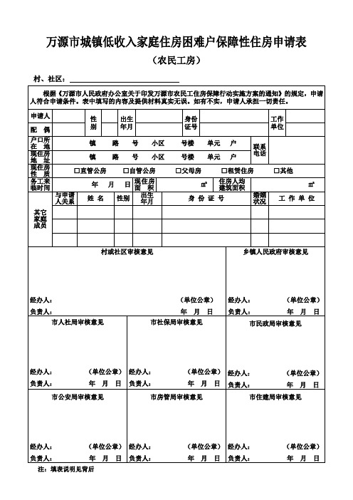万源城镇低收入家庭住房困难户保障性住房申请表