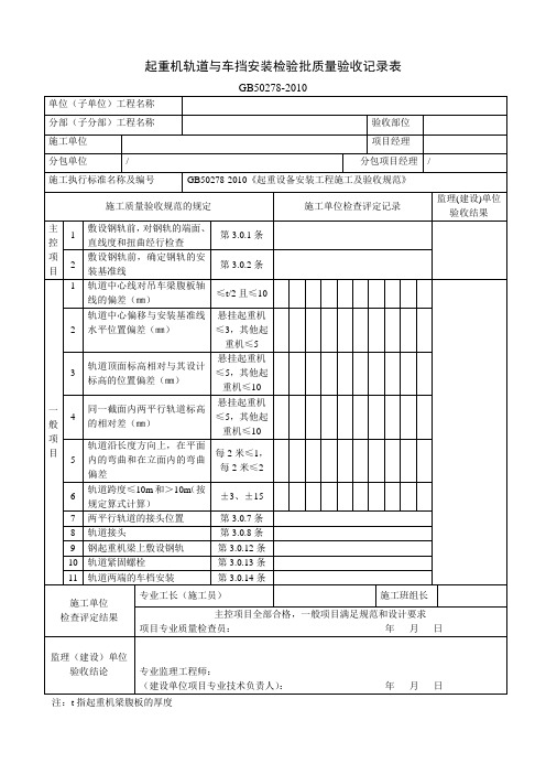 起重机轨道和车挡安装检验批质量验收记录表GB50278-2010