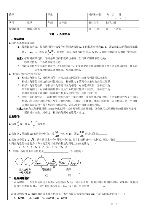 九年级数学中考一轮复习  相似三角形复习学案