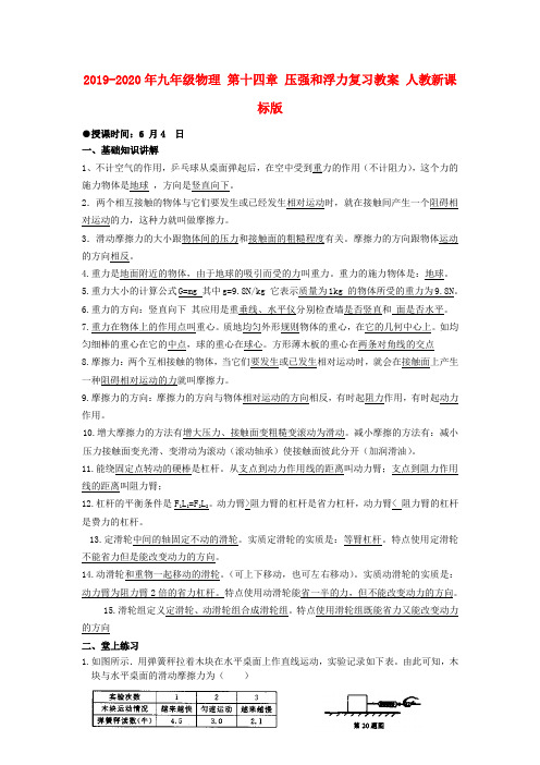 2019-2020年九年级物理 第十四章 压强和浮力复习教案 人教新课标版