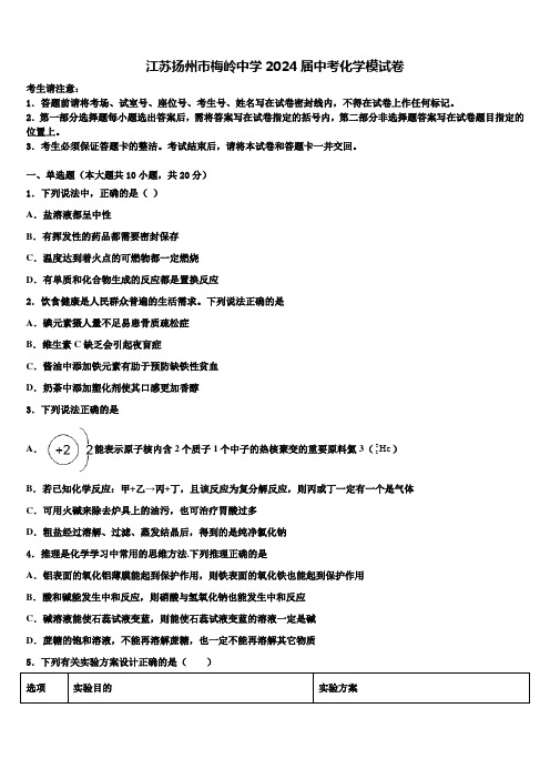 江苏扬州市梅岭中学2024届中考化学模试卷含解析