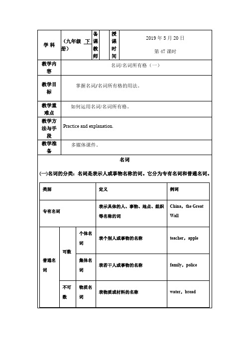 2019年湖南省长沙市人教九年级英语中考语法复习一名词、名词所有格(一)