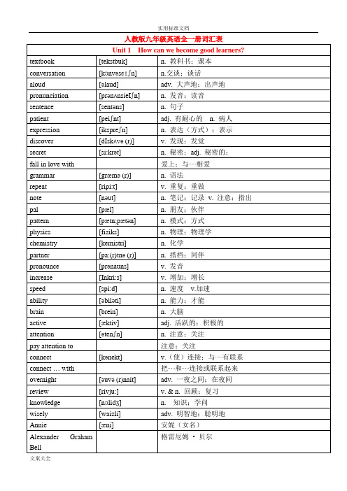 人教版九年级全册英语单词词汇表