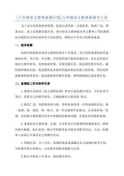 [八年级语文集体备课计划]八年级语文集体备课分工表