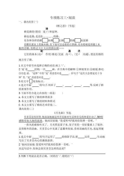 四年级上册语文专项练习阅读北师大版含答案