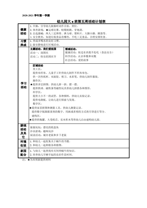 幼儿园大班第5周周计划