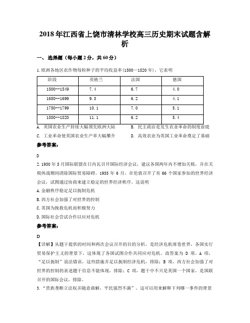 2018年江西省上饶市清林学校高三历史期末试题含解析