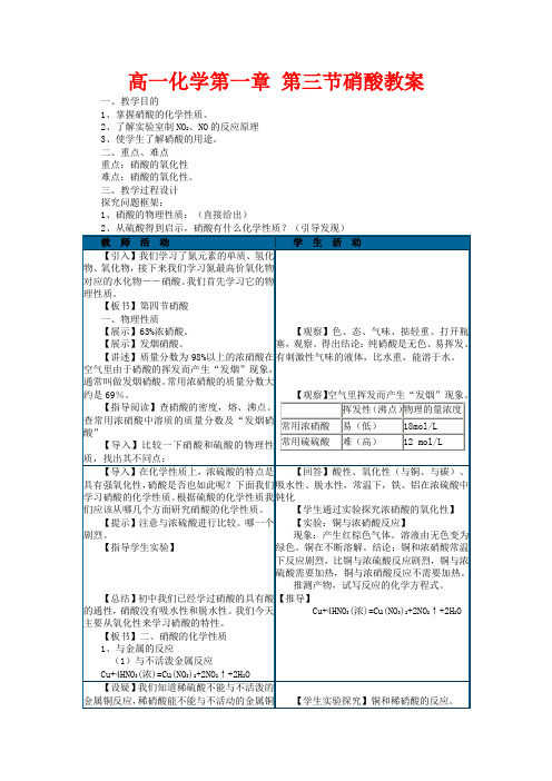 高一化学第一章 第三节硝酸教案