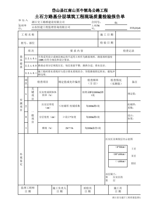 土石方路基分层填筑工程现场质量检验报告单