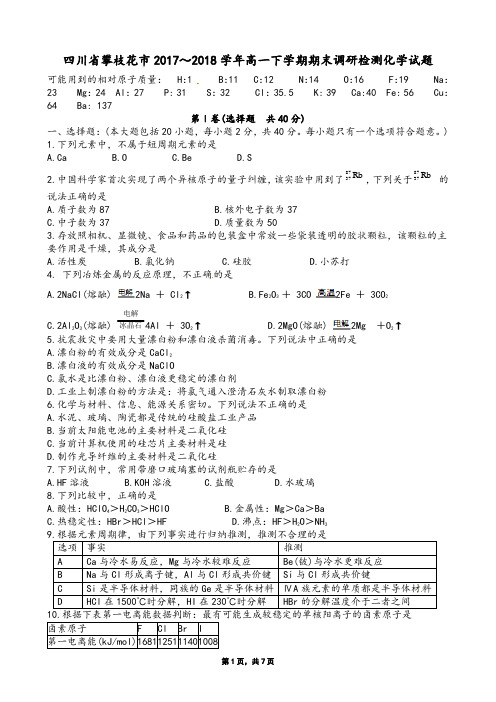 四川省攀枝花市2017～2018学年高一下学期期末调研检测化学试题(Word版)