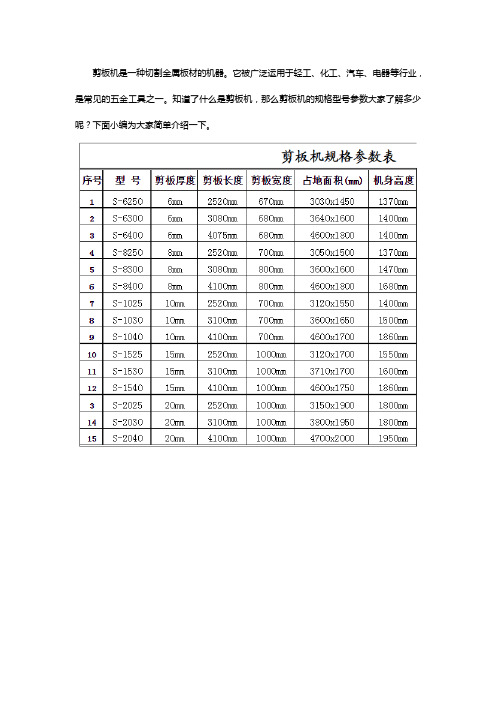 剪板机规格型号参数【免费下载】