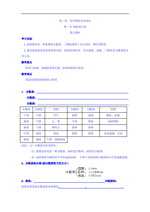 高中化学必修一 2-1-2 分散系及其分类 学案 精品