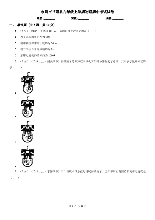 永州市祁阳县九年级上学期物理期中考试试卷