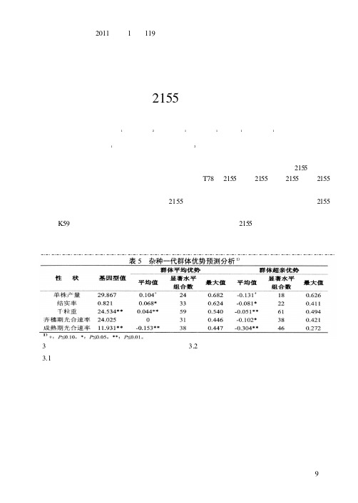 早籼恢复系明恢2155产量性状的配合力分析