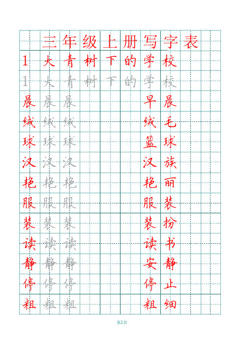 【部编版】2019年秋三年级语文上全册田字格写字表(pdf般,21页)