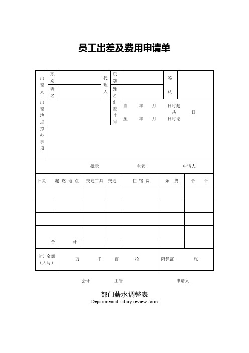 公司企业员工出差及费用申请单