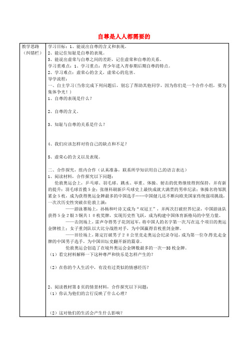 2020年七年级政治下册 第一单元 第一课 第1框 自尊是人人都需要的学案(无答案) 新人教版