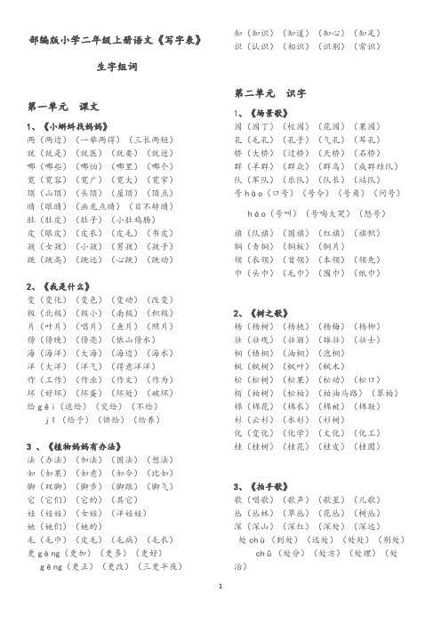 (部编版)二年级上册“识字表”+“写字表”组词