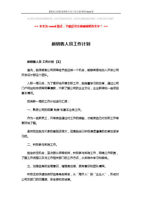 【精品文档】新销售人员工作计划-推荐word版 (4页)