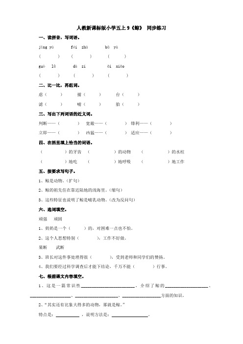 人教版小学语文五年级上册(课件+教案+单元试题)语文：小学五上9《鲸》 同步练习(新人教版)