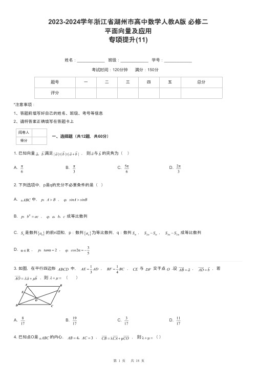 2023-2024学年浙江省湖州市高中数学人教A版 必修二平面向量及应用专项提升-11-含解析